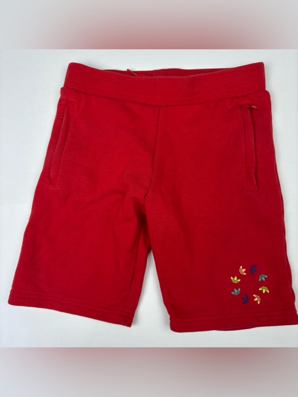 Adidas Kids 9-10 Youth Adicolor Shorts Red Trefoil Logo Wheel Cotton Blend Comfy